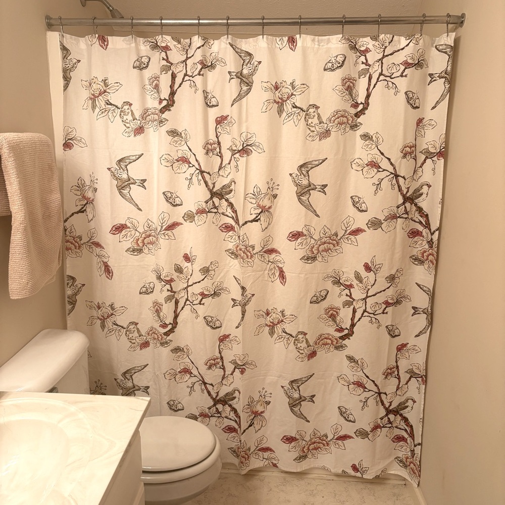 Threshold Nature-Inspired Shower Curtain with Birds and Branches Neutral Colors